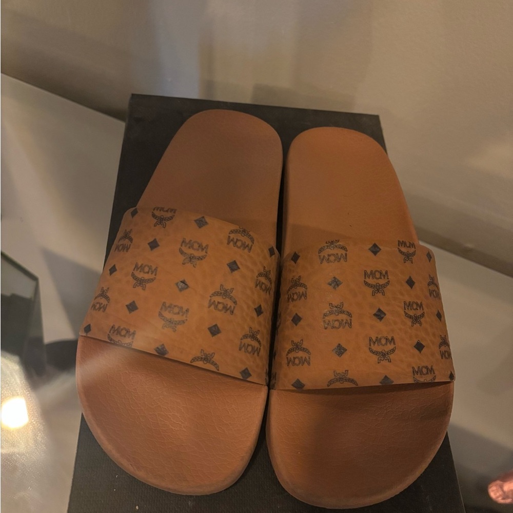 MCM Tan Logo Slide Sandals